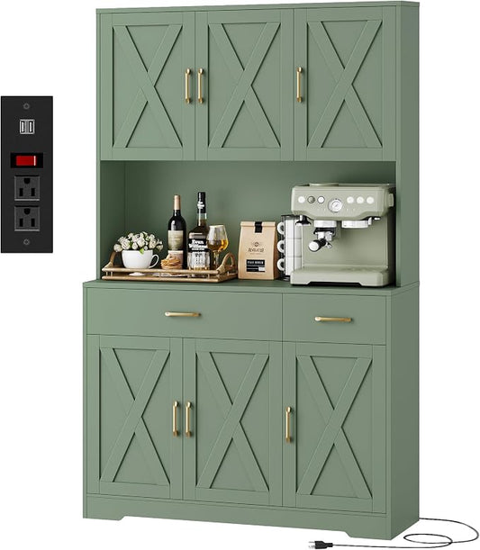 HOSTACK 71"H Kitchen Pantry Storage Cabinet, Farmhouse Hutch Cabinet, Green | Space-Saving Pantry Cabinet with Charging Station & 2 Large Drawers & Adjustable Shelves, Tall Kitchen Hutch for Dining Room