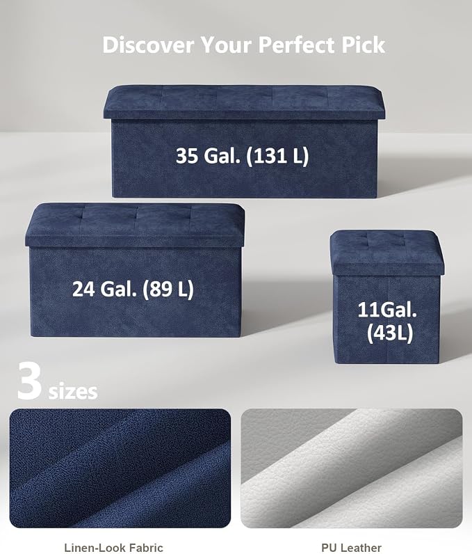 Folding Storage Ottoman Bench, Navy Blue, 15 Inches | Multi-Functional Ottoman Foot Rest, End of Bed Bench, Storage Chest, Living Room, Bedroom, Hallway, Entryway, 300 lb Capacity