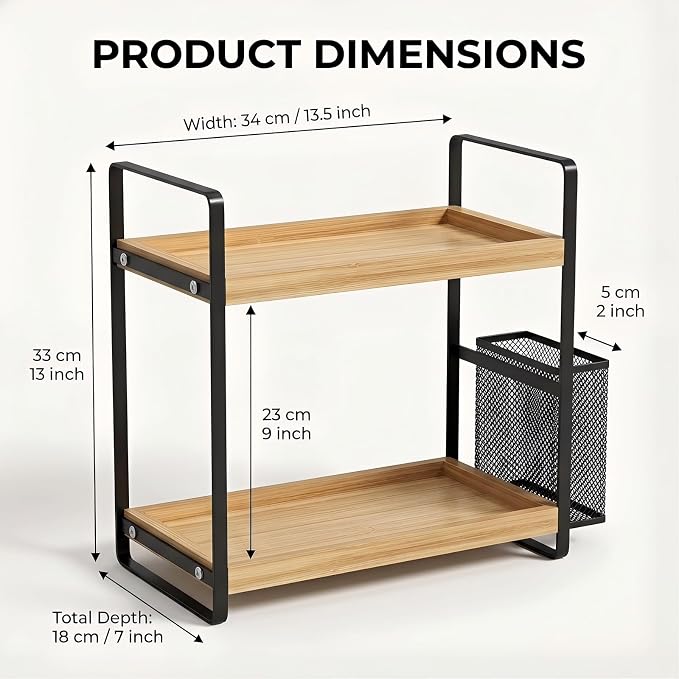 2-Tier Wood Bathroom Counter Organizer with Basket,Waterproof Vanity Perfume Skincare Storage for Bathroom, Kitchen, Dresser