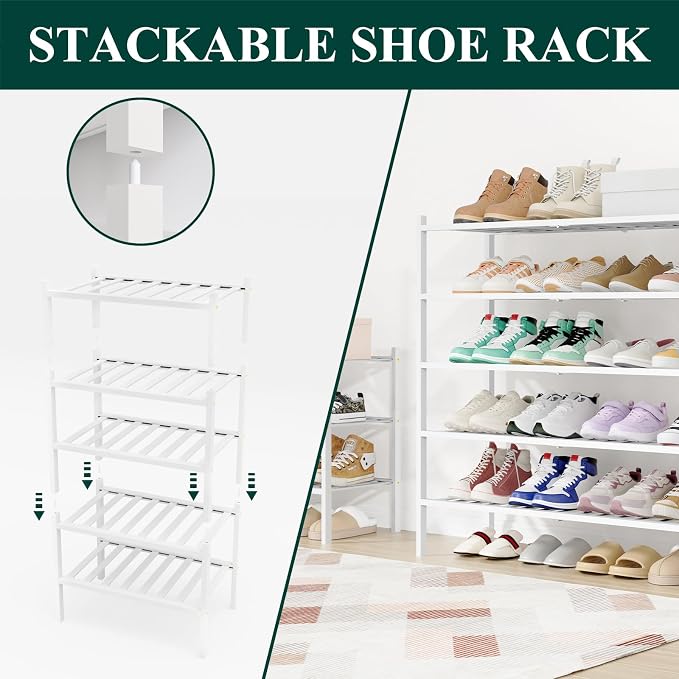 Smiry Bamboo Shoe Rack, 12 Vertical Slats, 4 Tier - 33.7" Wide, White | Stackable Free Standing Wooden Shoe Organizer, Wood Shoe Storage Shelf for Closet, Entryway