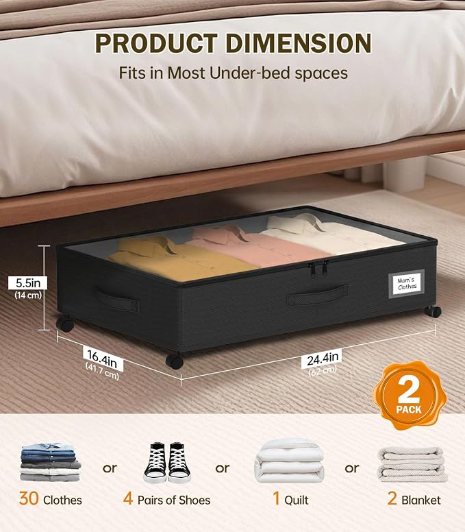 Under Bed Storage with Wheels 2-Pack, Under Bed Storage Containers, Underbed Box with Clear Lids, Rolling Underbed Storage bins for Shoes, Clothes, Blankets (25" L x 16.2" W x 5.5" H)