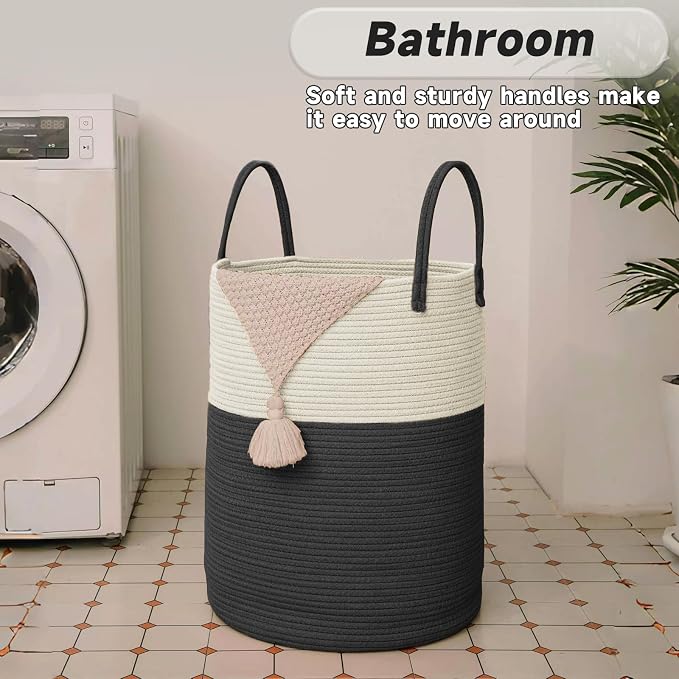 JMvicyroam 80L Cotton Rope Laundry Basket Hamper, White and Black | Collapsible laundry basket, reinforced handles, freestanding, machine washable, holds 3-5 thick blankets, clothes or toys