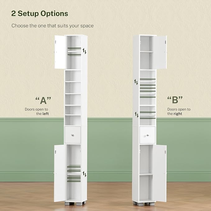 Bathroom Cabinet, Narrow Bathroom Storage Cabinet with 5 Adjustable Shelves & Drawer, Freestanding Cupboard for Small Spaces, White