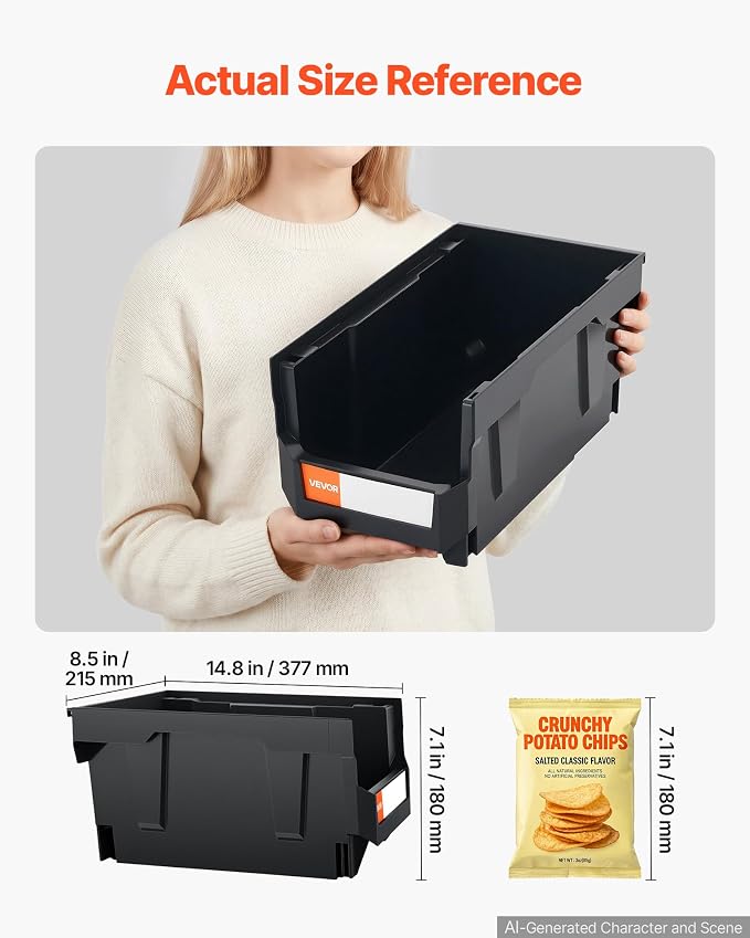 VEVOR Plastic Stackable Storage Bins, 14.8 x 8.5 x 7.1 inch (6 Pack), Plastic Containers for Organizing and Storage Bins for Closet, Garage, Small Parts, Office Supplies and Other Accessories, Black