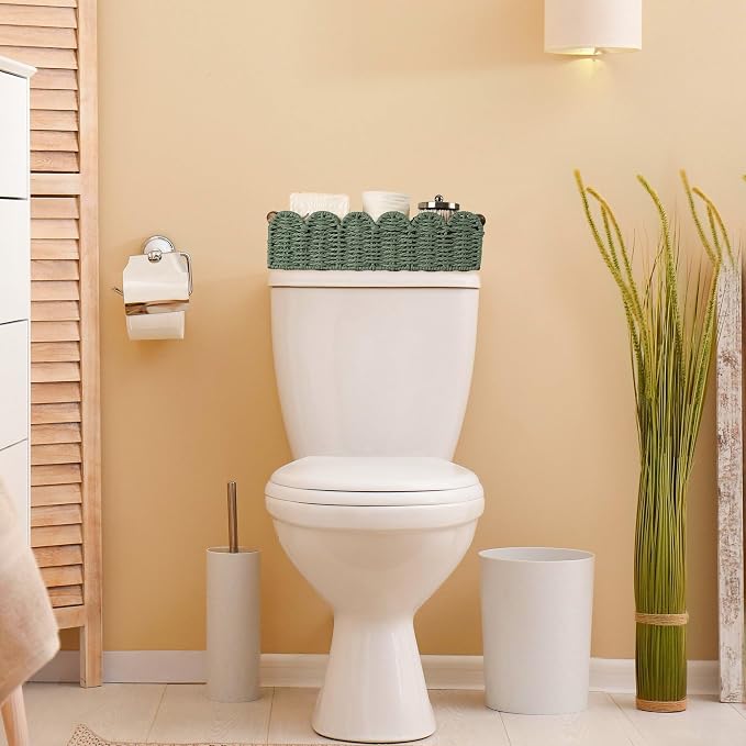 Bathroom Decor Basket for Toilet Paper Storage Baskets For Organizing | For Bedroom Living Room Kitchen Home Decor Scalloped Cute Basekt With Handle for Apartment Countertop,Green
