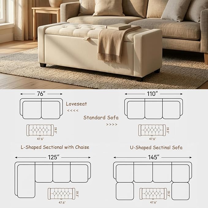 47" Beige Storage Ottoman, Entryway Bench Seat for Livingroom | Versatile design works as a coffee table or footstool; easy assembly, sturdy structure, and comfortable padded cushion.