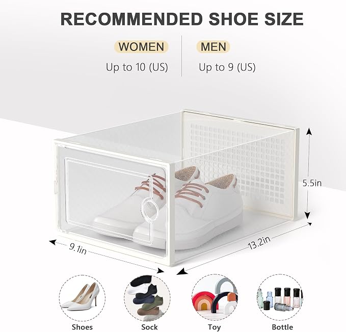Kuject 12 Pack Large Shoe Boxes, Clear Stackable Containers with Lids,White | Shoe organizers for closet & entryway, under-bed,Drop-front design fits women's size 10