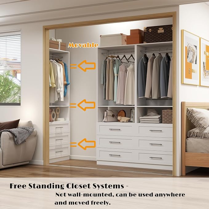 Closet System with 12 Drawers, 8FT-21FT Custom Closet Organizer System Modular Walk in Closet Freestanding Corner Closets Storage with 8 Hanging Rods & 4 Shelves, White (8FT)