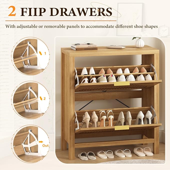 Fluted Shoe Cabinet Storage with 2 Flip Drawers for Entryway, Hallway | Hidden Shoe Rack Slim Freestanding Hidden Shoe Organizer for Foyer, Hallway, Living Room, Oak