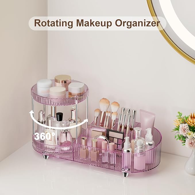 360 Rotating Vanity Makeup Organizer, 2 Small Trays & 5 Compartments for Cosmetics, Skincare, Perfume, Lipstick & Make up Brushes Holder, Dresser Countertop Organizers and Storage for Bathroom, Desk