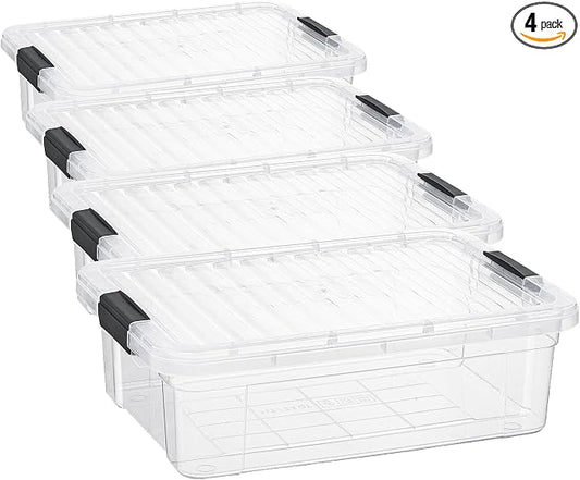 Superio 6.25 Quart Clear Plastic Storage Bin with Lid, Non-Toxic, BPA Free, Odor Free, Organizer Storage Box, Stackable Plastic Tote for Home, Garage, School, and Office (Pack of 4)