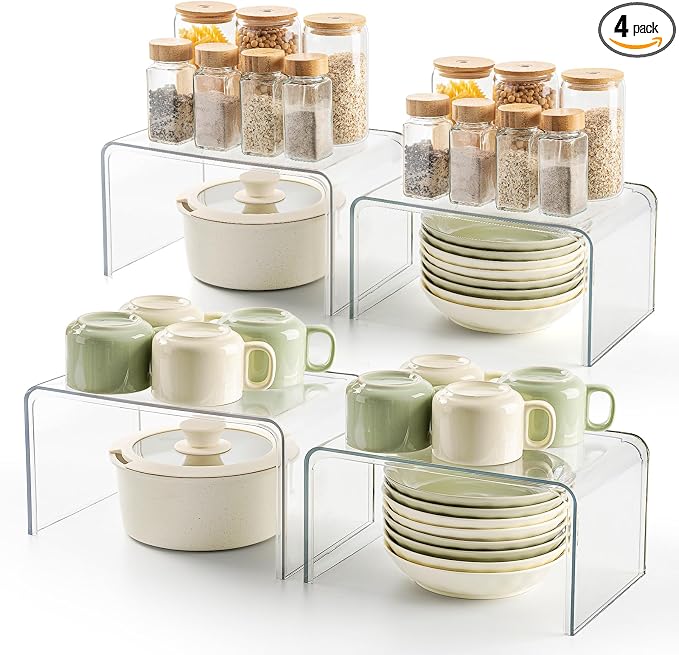 Bobomoment Clear Cabinet Organizer, Stackable Shelf Organizer Set of 4 | Kitchen Pantry Organizers and Storage, Display Cabinet Shelf Countertop Desk Shelves, Patented Spice Organization