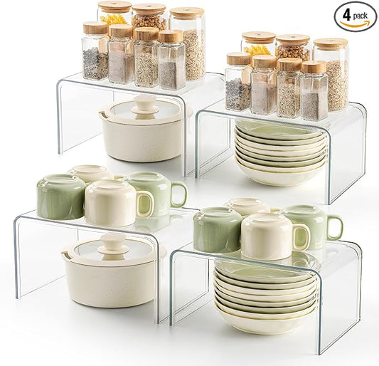 Bobomoment Clear Cabinet Organizer, Stackable Shelf Organizer Set of 4 | Kitchen Pantry Organizers and Storage, Display Cabinet Shelf Countertop Desk Shelves, Patented Spice Organization
