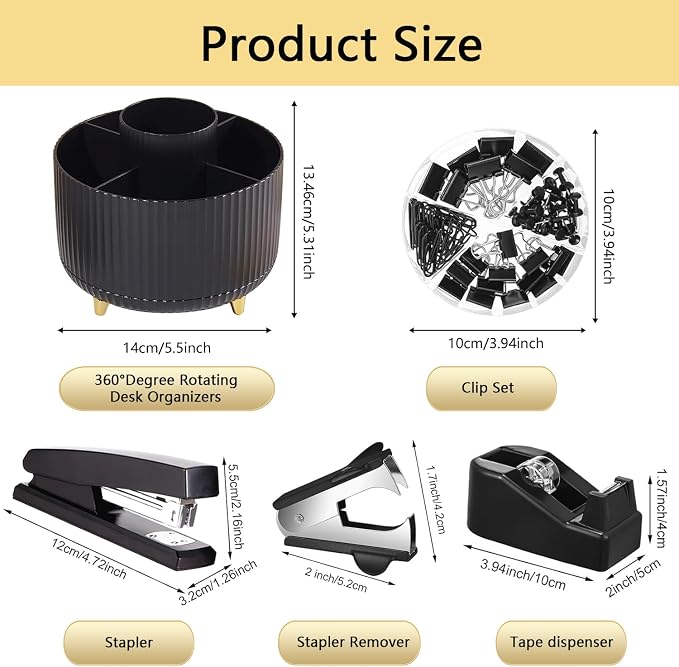 Office Supplies,Black Desk Accessories,Office Supplies Set,Desk Organizer,Stapler,Tape Dispenser,Scissors,Staple Remover,Binder Clips,Staples,Ballpoint Pen,Index Tabs with Ruler,Clear Tape.10pcs