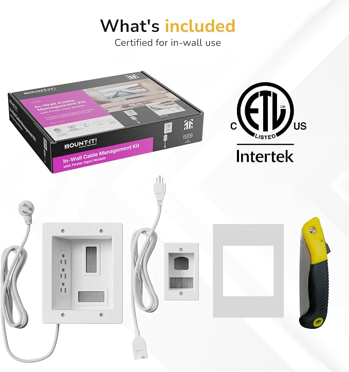 Mount-It! In-Wall TV Cable Management Kit with Power – Triple Outlet, Male Wall Plug and 5ft External & 9ft Behind the Wall Cords, Hand Saw – Easy, Safe Cable Management for TV and Home Theater Setups