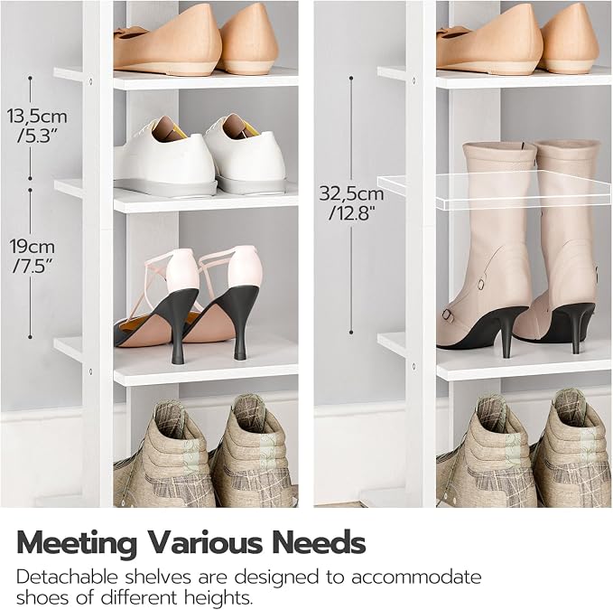 HOOBRO Vertical Shoe Rack for Front Door Entryway, 7 Tier Wooden Shoe Storage Organizer with Hooks, Narrow Shoe Tower for 7 Pairs, Space Saving, for Corner, Closet, Bedroom, White WT61XJ01