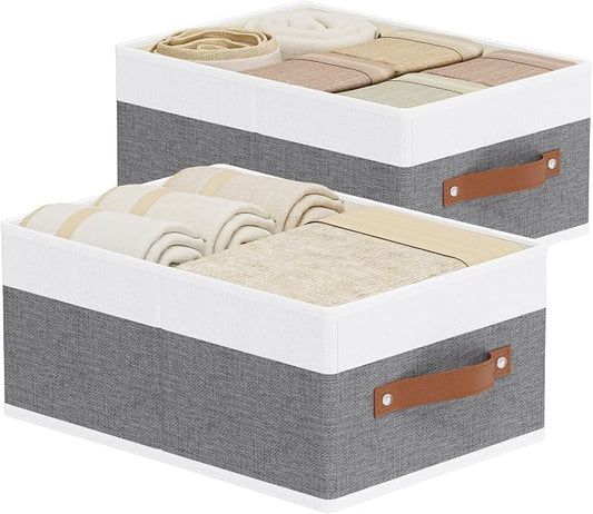 Storage Bins Organizers,13×9.1×5.5In,White/Grey Boxes,2Pack | Clothing Storage Baskets,Fabric Closet Organizer,Foldable Containers with PP Plastic Board,Large Cubes for Clothes,Hat