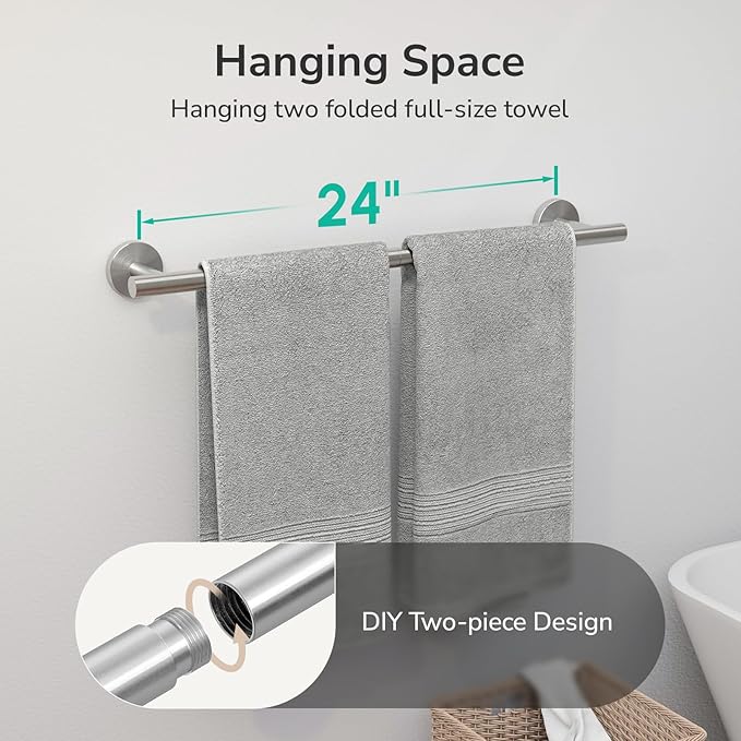 USHOWER Brushed Nickel Towel Bar, 24-Inch Towel Racks for Bathroom | Thicken SUS304 Stainless Steel Towel Rod, Towel Holder Wall-Mounted, Modern Home Decor (Total Length 26-Inch)