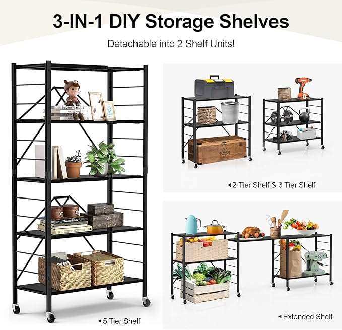 Himix 5-Tier Foldable Expandable Storage Shelves Wheels Kitchen 2-in-1 Rack