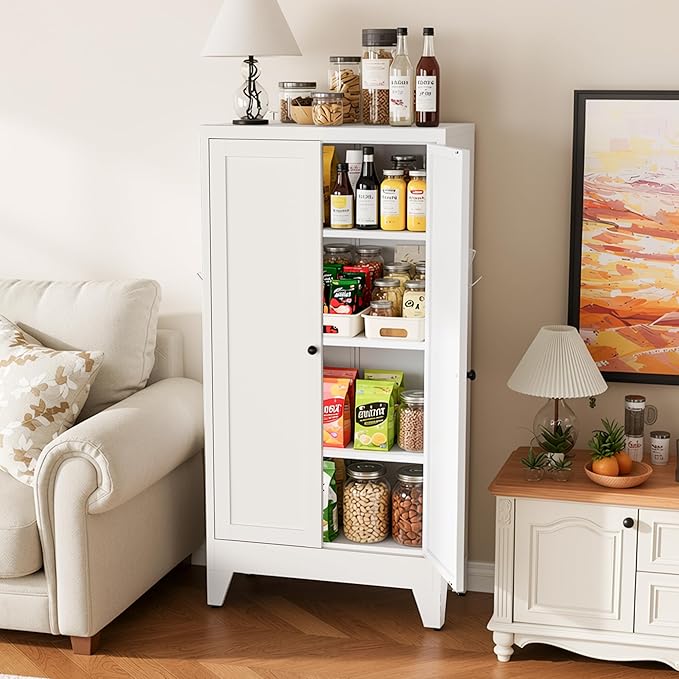 AQY Metal Pantry Cabinet, White Kitchen Storage Cabinet with Doors | Adjustable Shelves Freestanding Storage Metal Cabinet Kitchen, Dining & Bathroom Organization