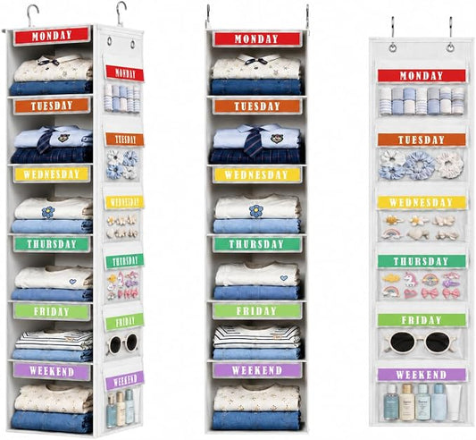 DIMJ Weekly Clothes Organizer for Kids - 2 in 1 Hanging Closet Organizer 6-Shelf Daily Monday Friday and Weekend Hanging Shelf Over the Door/Closet, for School Outfits for Girls/Boys, White