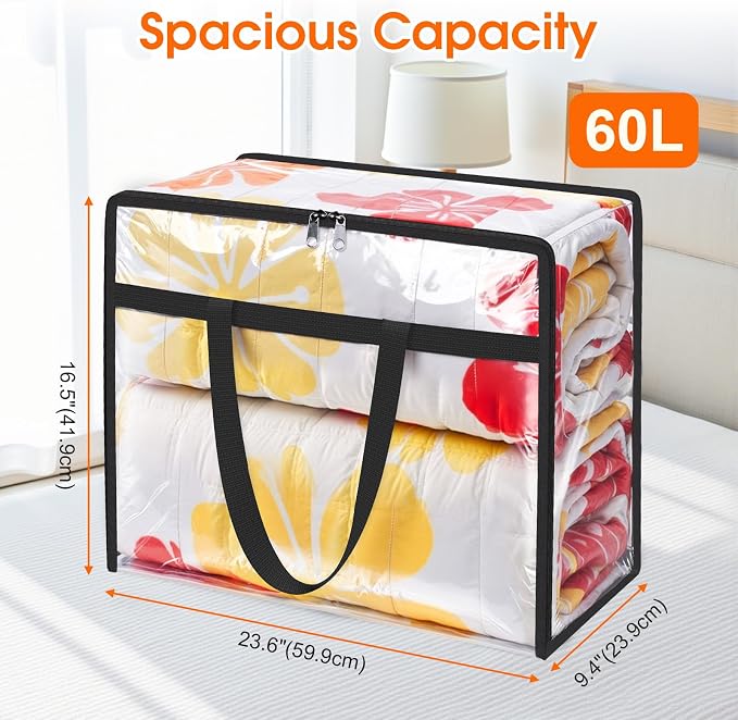 SpaceTrove Clear Storage Bags, 6-Pack Under Bed and Closet Organizers 60L | Clear PVC bags with zippers and handles, foldable waterproof moving bags store comforters, blankets, bedding, clothes and toy