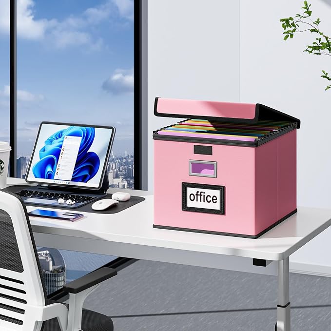 File Organizer Box with Lids, Collapsible File Folder Organizer | File Box with Plastic Slides for Document, Filing Bin for Letter Size Hanging File Folders (1 Pack, Pink, Leather)