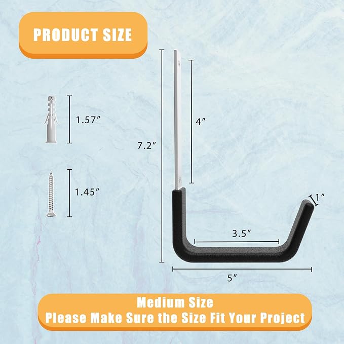 Heavy Duty Utility Hooks - Wall Mount, Hooks for Garage, Hose, Bike, Ladder, Leaf Blower Hanger (6 Medium)