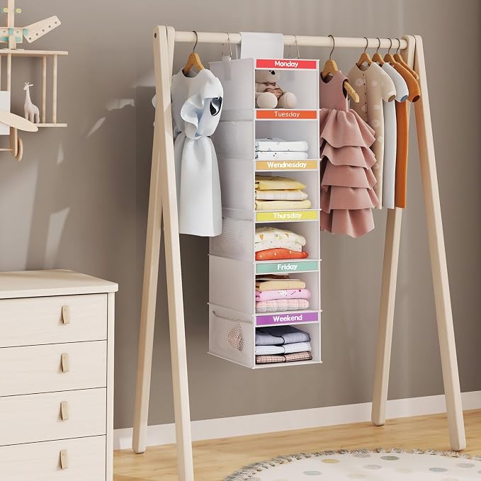 Fixwal Weekly Kids Clothes Organizer 2 Pack 6-Shelf Hanging Storage | Nonwoven Fabric, 6 Daily Shelves, 6 Mesh Side Pockets, 2 Metal Hooks, Foldable Design, for Kids Outfits and Accessories