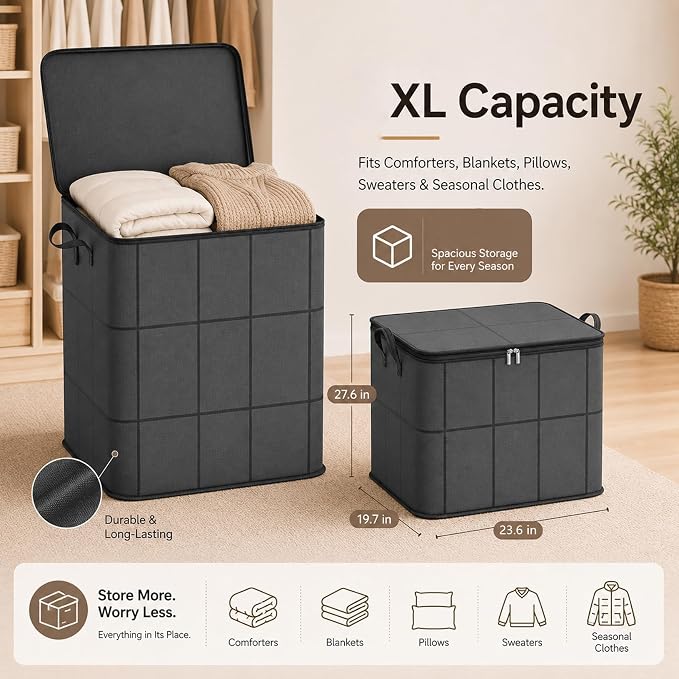 210L Spacious Moving Storage Bin, Large Zippered Fabric Organizer with Reinforced Handles, Foldable Blanket Storage Bag for Bedding, Clothes, Quilts, Comforters and Moving Day，1：L: 19.7x23.6 in