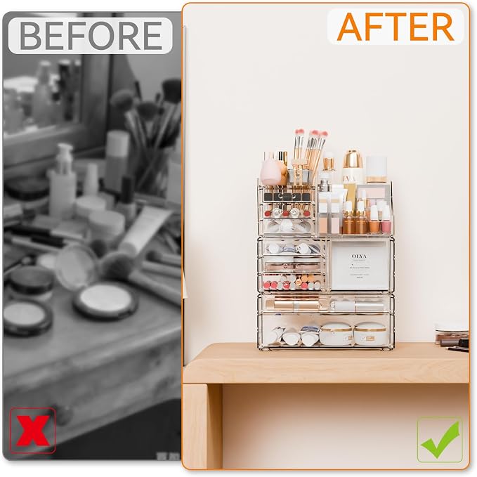 3 Pack Clear Makeup Organizer Countertop for Dresser,Vanity and Bathroom Counter Organizer,Tiered Stackable Makeup Acrylic Organizers with 9 Drawer for Skincare,Brush and Make up Holders