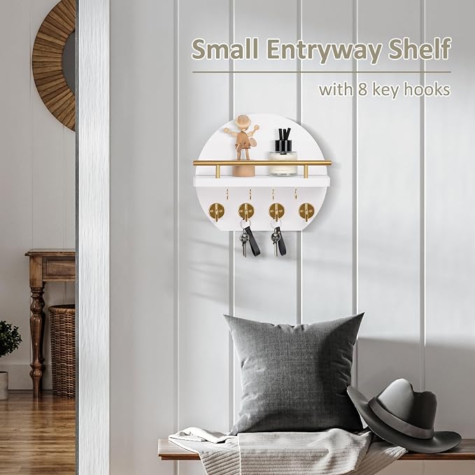 Nekon Key Holder for Wall - 9.8 Inch Apartment Wall Decor with Shelf and 8 Key Hooks, Circular Wood Key Hanger for Home Decor (White with Golden Hooks)