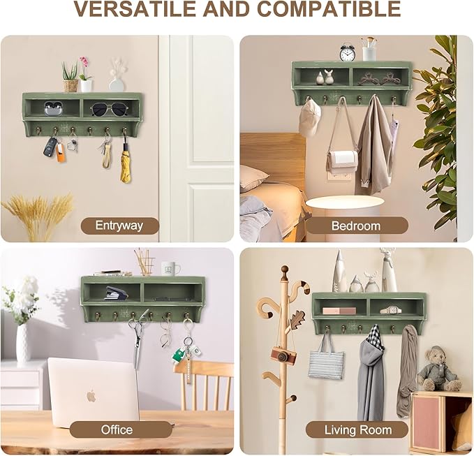 Key Holder Wall Mount with Mail Organizer, 6 Hooks & Shelf, Green | Wood Key Holder Wall Mount with 6 Key Hooks, Shelf & Storage Box and Mail Organizer for Entryway, Apartment, Home and Office