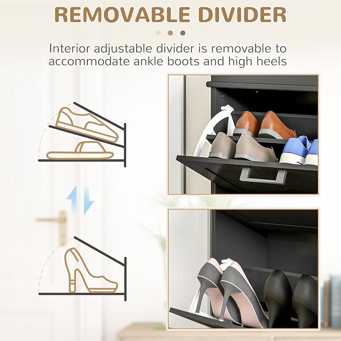 HOMCOM Narrow Shoe Cabinet with 2 Flip Drawers, Modern, for Entryway, Black | Freestanding Small Shoe Storage Cabinet, Adjustable Shelves, Hallway