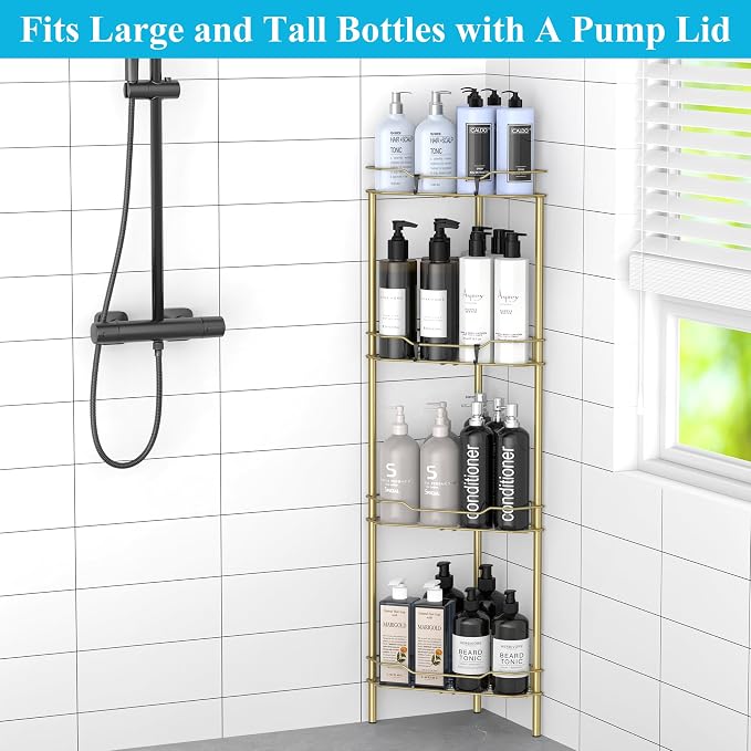HuggieGems 4 Tier Floor Standing Corner Shower Caddy Organizer Shelf with Hooks, Bathroom Shelves Stand Rack, Gold