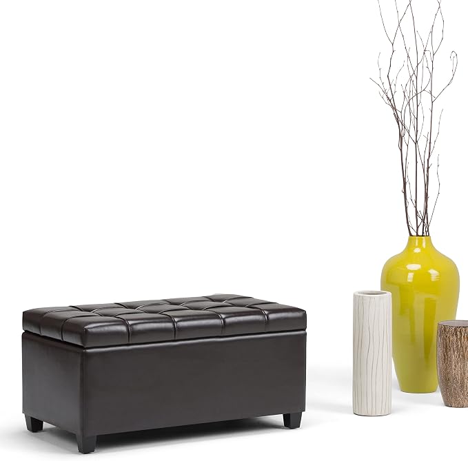 SIMPLIHOME Avalon 35" Wide Vegan Leather Storage Ottoman in Denim Blue | Transitional ottoman with tufting and lift-up lid; rectangle storage bench for living room or entryway.