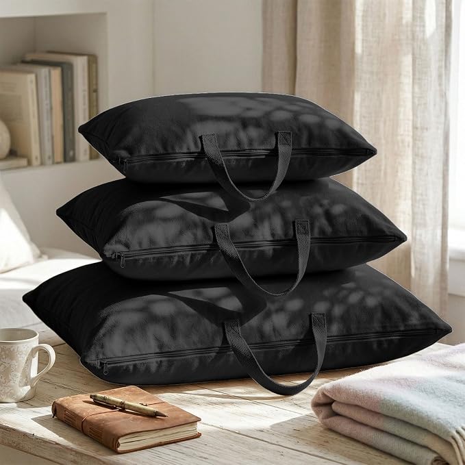 2 Pack Travel Pillow and Blanket Bags, 100% Cotton Canvas Pillow Storage Bag with Handles, Heavy Duty Breathable Organizer for Bedding Linens, Pillow Bag for Traveling(2,Black,20"x26")