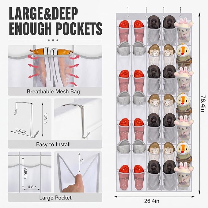 Windyun 1 Pcs 40 Pocket Over the Door Shoe Organizer Hang, Gray and White | Large Breathable Mesh Hanging Shoe Rack, Space Saving Shoe Holder for Closet Dorm Bedroom Entryway Storage, Behind Design