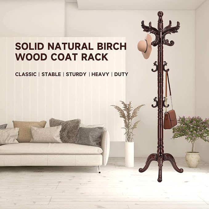 Wood Coat Rack Stand Vintage Coat Rack Freestanding with 14 Hooks | Solid Wood Coat Rack with Triangl Base,Wooden Coat Hanger Stand,Classic Coat Clothes Tree Stand for Office