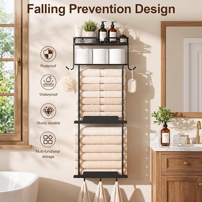 Towel Racks for Bathroom 39.9 Inch Wall Mounted Towel Rack with Shelf, Bathroom Towel Storage Holds 6 Large Rolled Towels, Metal Wall Towel Rack, Black