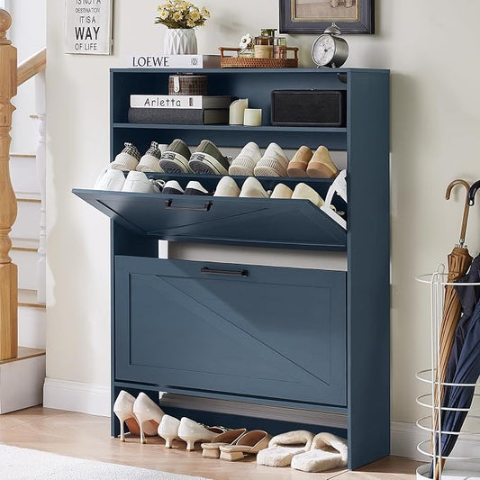 RWYHG Shoe Cabinet Storage for Entryway with 2 Flip Drawers | Open Storage Layer Rack Narrow Organizer Slim Hidden Wood Shoe Cabinet Furniture