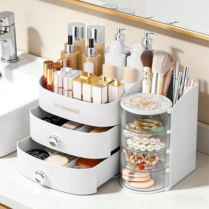 Makeup Organizer Countertop, Make Up Organizer for Vanity | Skincare & Cosmetic Organizers with Drawers, Bathroom Storage for Brush Holder|Lipstick|Jewelry, Ideal Gift for Women, White