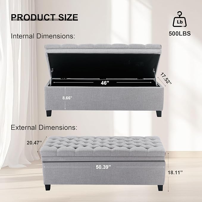 51" Storage Ottoman for Bedroom & Living Room, End of Bed Bench with Black Wooden Legs, Linen Upholstered Tufted Ottoman, Entryway Storage Bench, Light Grey