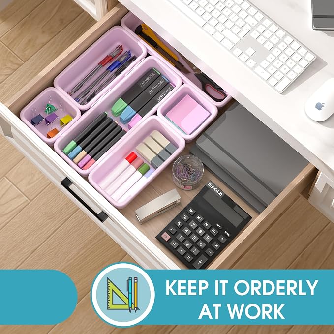 6 PCS Drawer Organizer Set, 3 Size Makeup Drawer Divider Organizer With Non-Slip Pads, Interlocking Plastic Storage Bins for Office,Jewelry Vanity,Gadgets, Bathroom,Kitchen, Purple