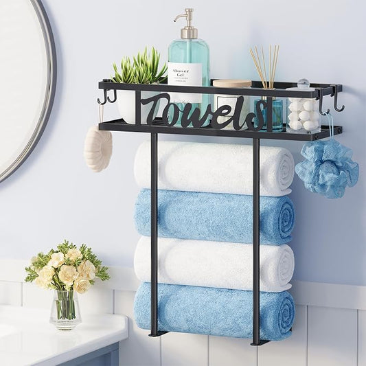 HapiRm Rolled Towel Racks for Bathroom - Towel Storage for Above Toilet | Space-Saver Wall Mounted Towel Holder with Metal Top Basket & 4 Hooks, Fit for Bathtub, Vanity, Small Bathroom, Camper, RV