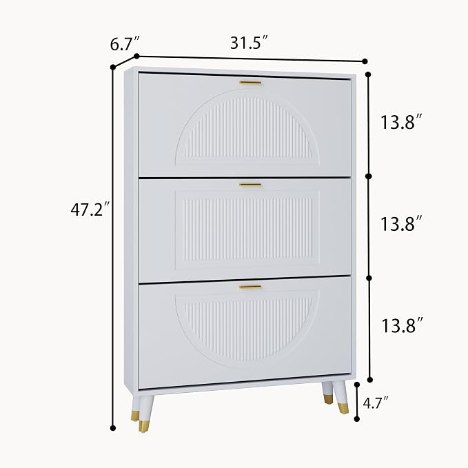 White Shoe Storage Cabinet: 32" Ultra Thin Small Shoe Cabinet for Entryway, Modern Slim and Narrow Hidden Shoes Rack Organizer with Doors and 3 Flip Drawer (1 Piece, 32")