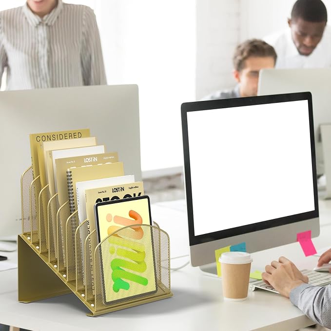Sinboun Inclined Desk File Organizer Folder Holder with 8-Section, Gold