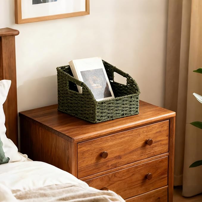 Pantry Organizers, Handwoven Large Wicker Baskets for Shelves, Labeled Storage Baskets for Organizing with Handles - Paper Storage Bins for Shelves, 3 Pack, Green