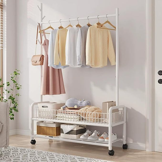 MYUPDALIN Clothes Rack with Shelves, Clothing Rack with Wheels, Multifunctional Hangers with Storage Baskets and Shoe Racks, Ideal for Bedrooms and Living Rooms (White, Bold 90cm/35in)
