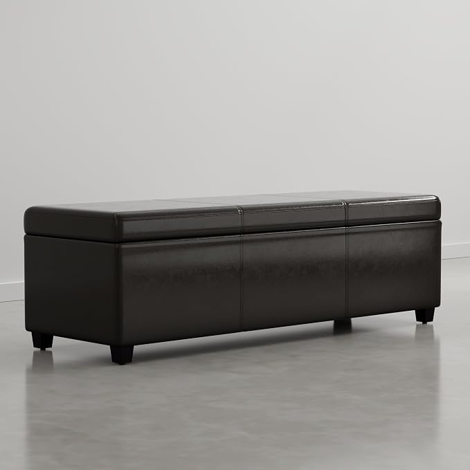 SIMPLIHOME Avalon Extra Large Storage Ottoman Bench - 54 inch Wide Upholstered Vegan Leather Rectangular Lift-Top Ottoman in Dark Clove Brown, Contemporary Bench for Living Room with Hidden Storage